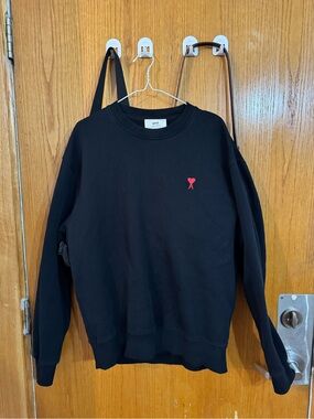 Ami Black Crewneck Sweatshirt with Small Red Heart